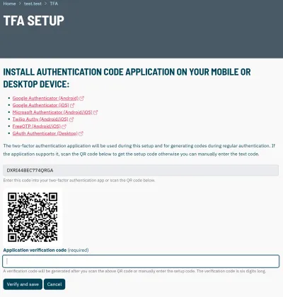 TFA authentication app set up screen