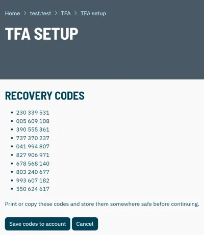 example recovery codes screen